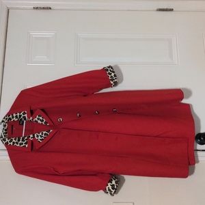 Red Women's Coat with Leopard Trim